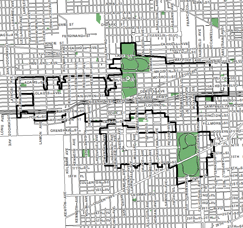 Midwest TIF district map, roughly bounded on the north by Kinzie Street, Cermak Road on the south, Western Avenue on the east, and Laramie Avenue on the west.